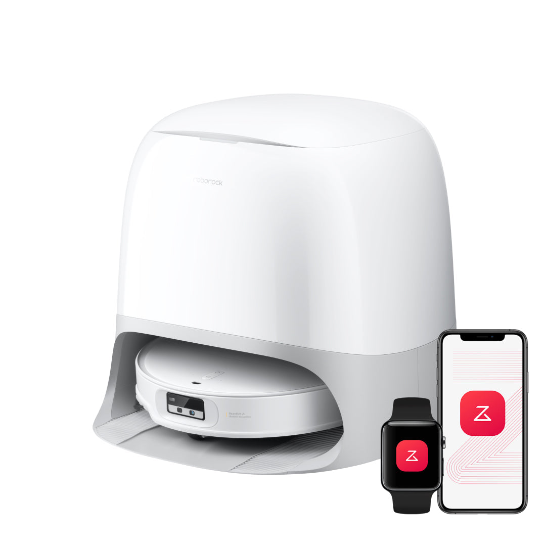 White Roborock robot vacuum with multifunction dock, shown with phone app control