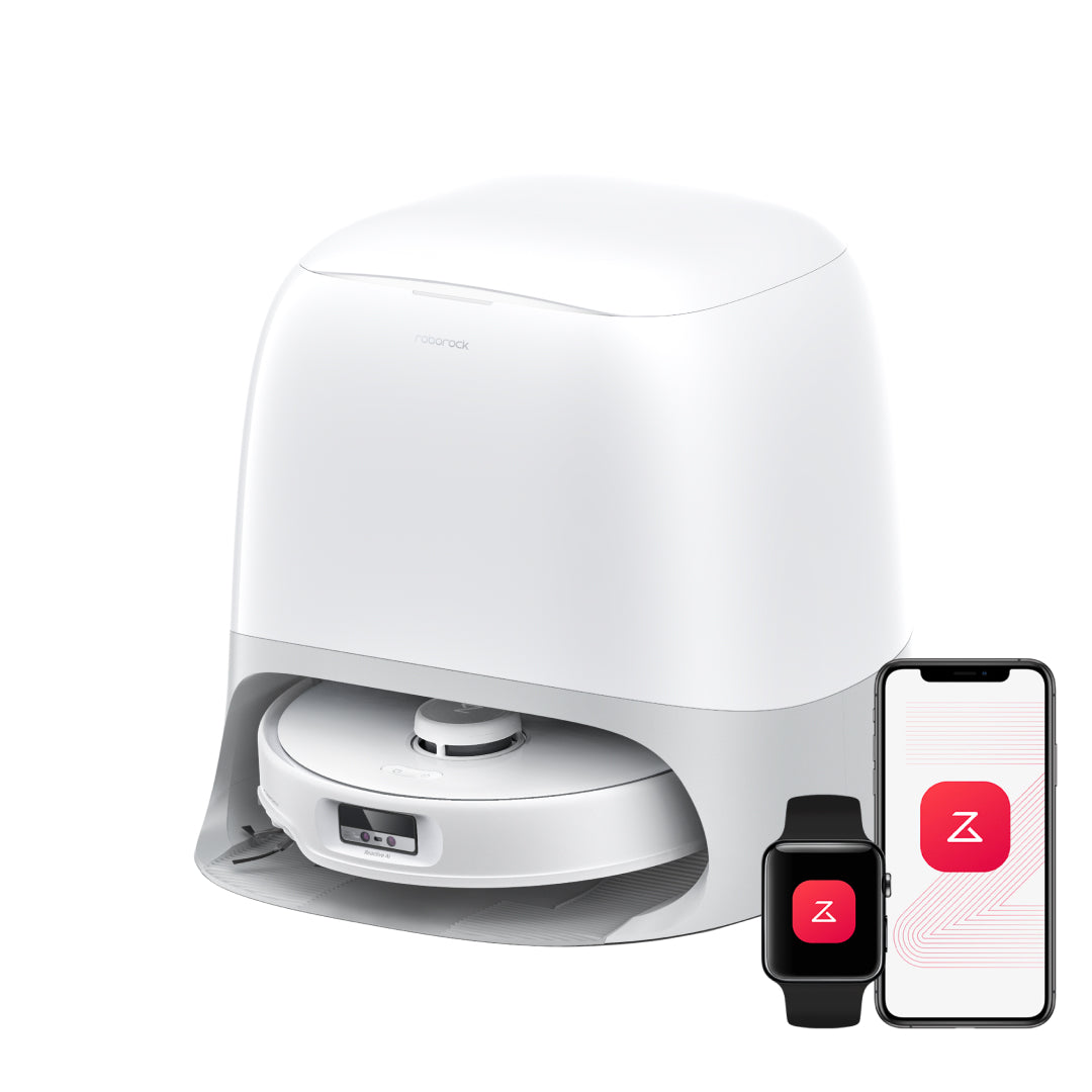 White Roborock robot vacuum with multifunction dock and mobile app icons