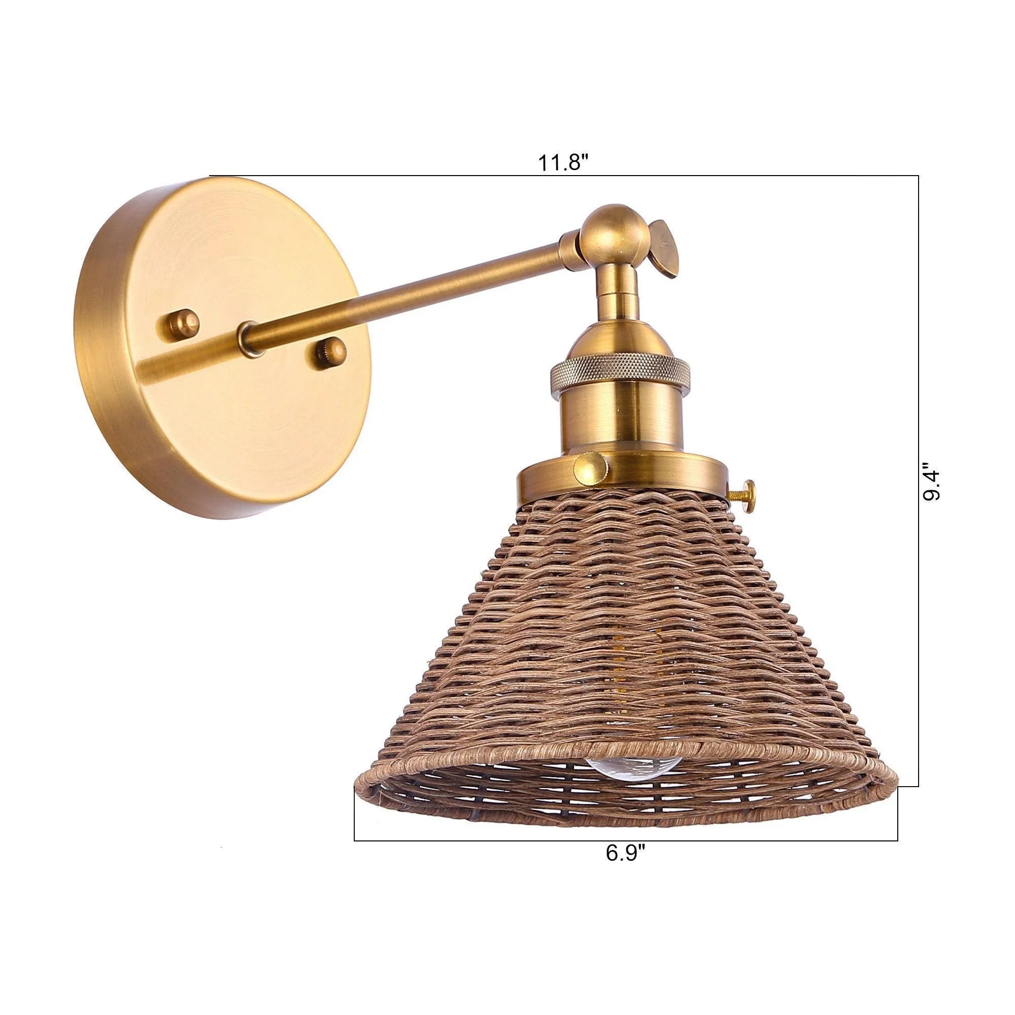 Golden wall light with woven rattan cone shade shown with 11.8 in and 6.9 in