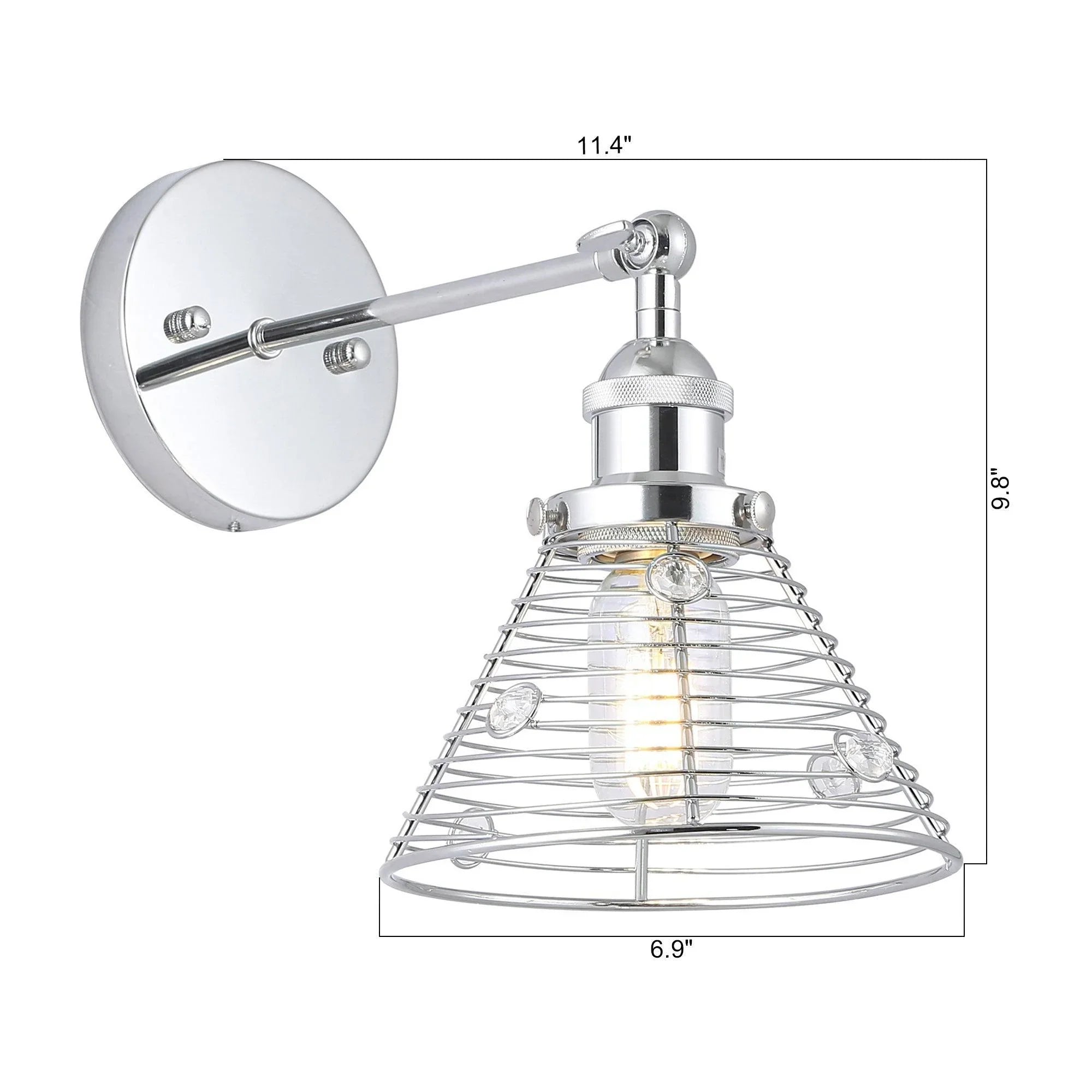 Silver modern wall sconce with round backplate, arm, and wire cage shade