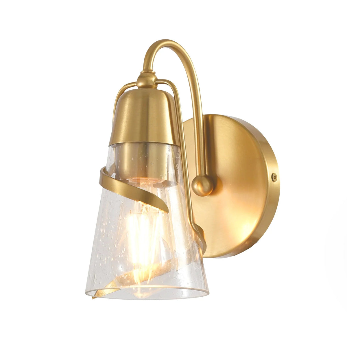 Golden 1-light mirror vanity light with clear glass bell shade and curved gooseneck arm