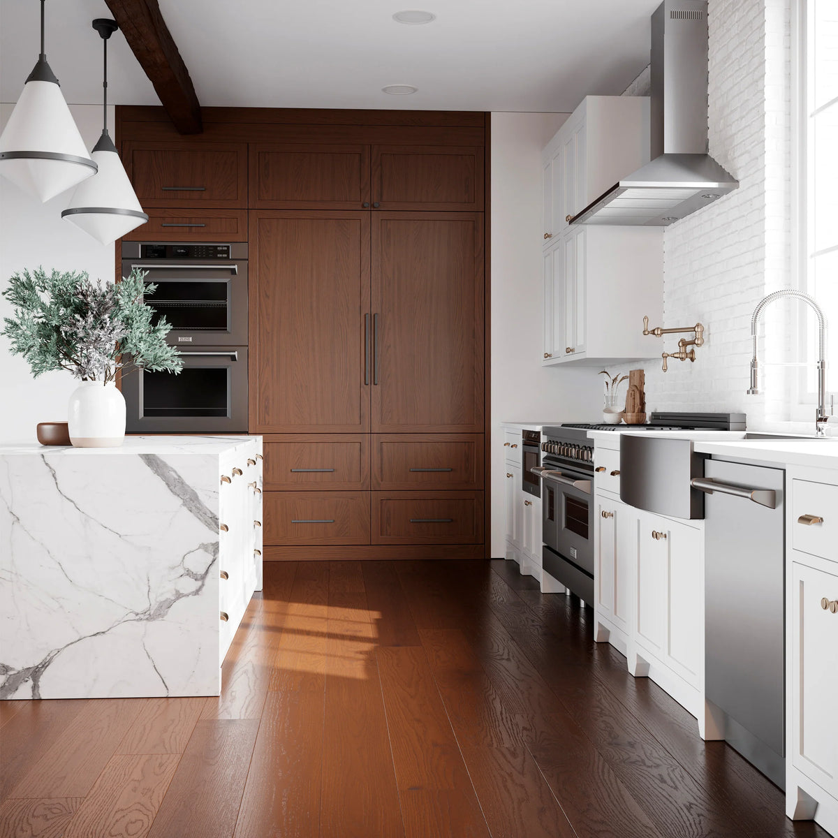 White built-in double wall oven with two black-glass doors