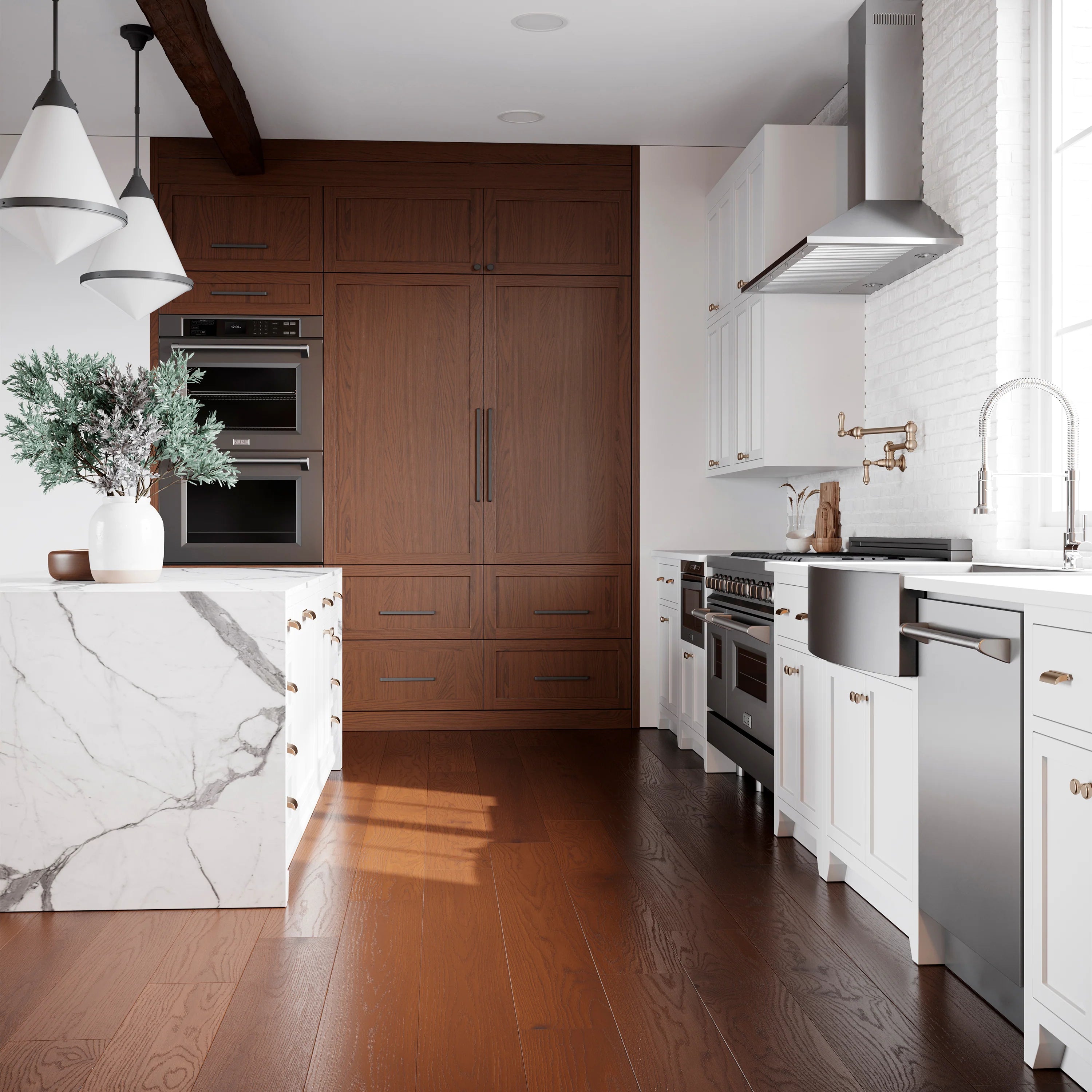 Built-in double wall ovens and cooktop with range hood in white and wood kitchen