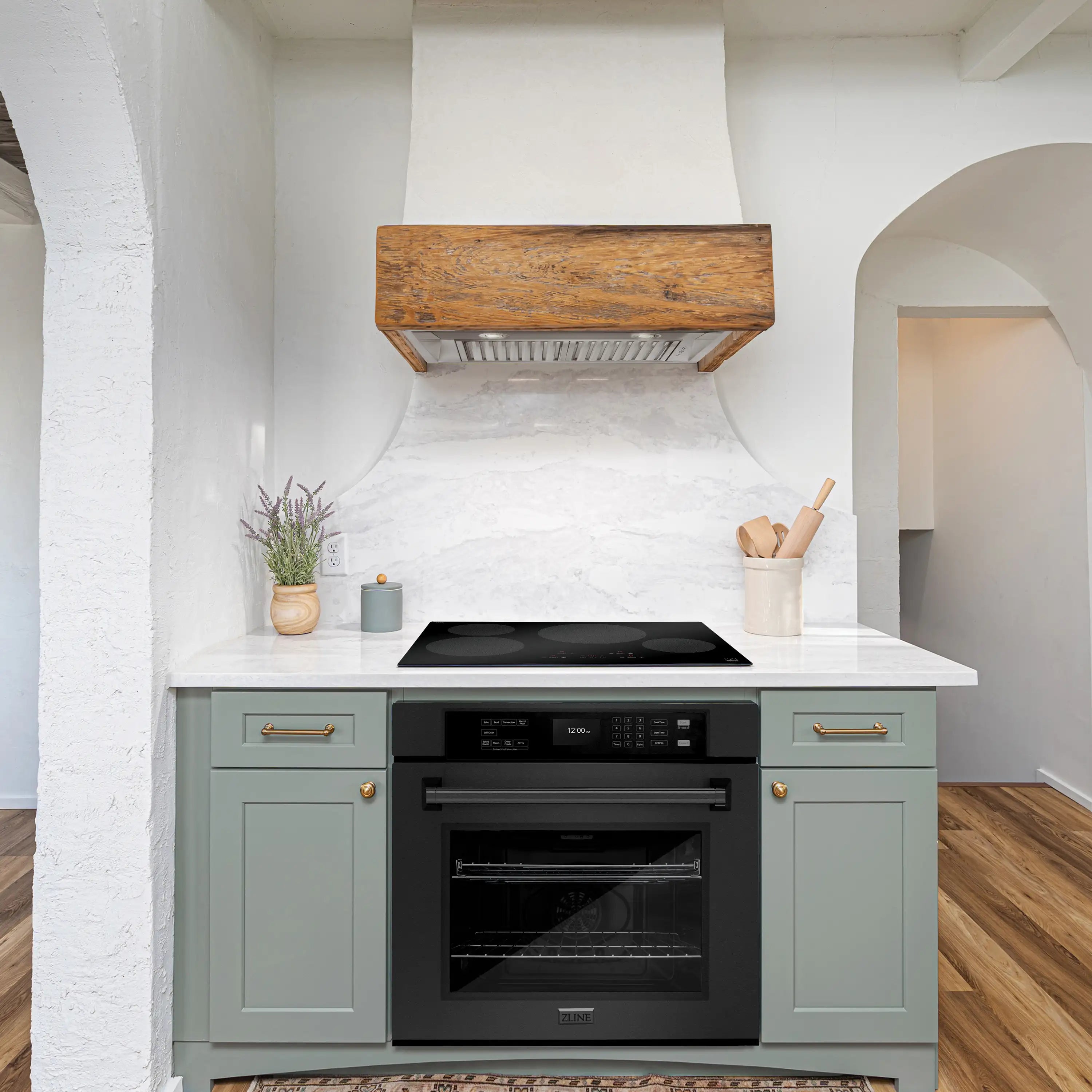 Built-in black stainless steel single wall oven installed in kitchen cabinetry