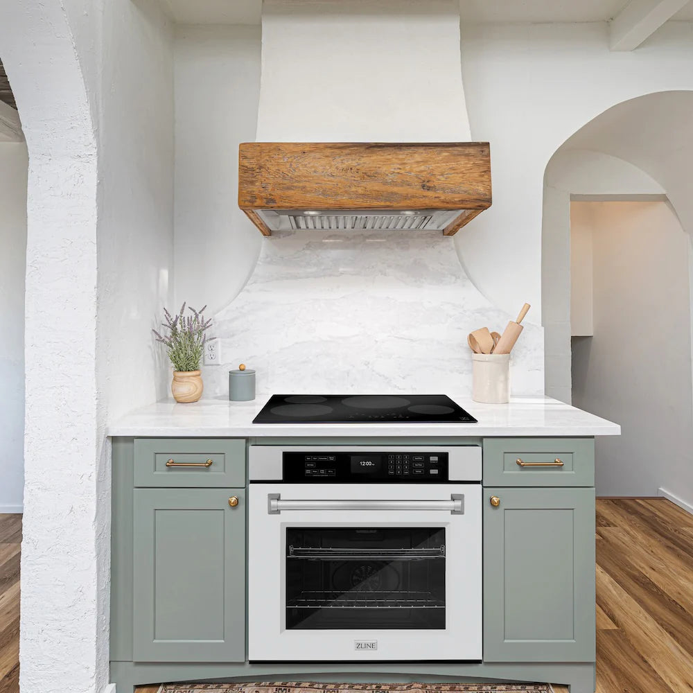 Built-in satin stainless single wall oven with white matte door in kitchen cabinetry