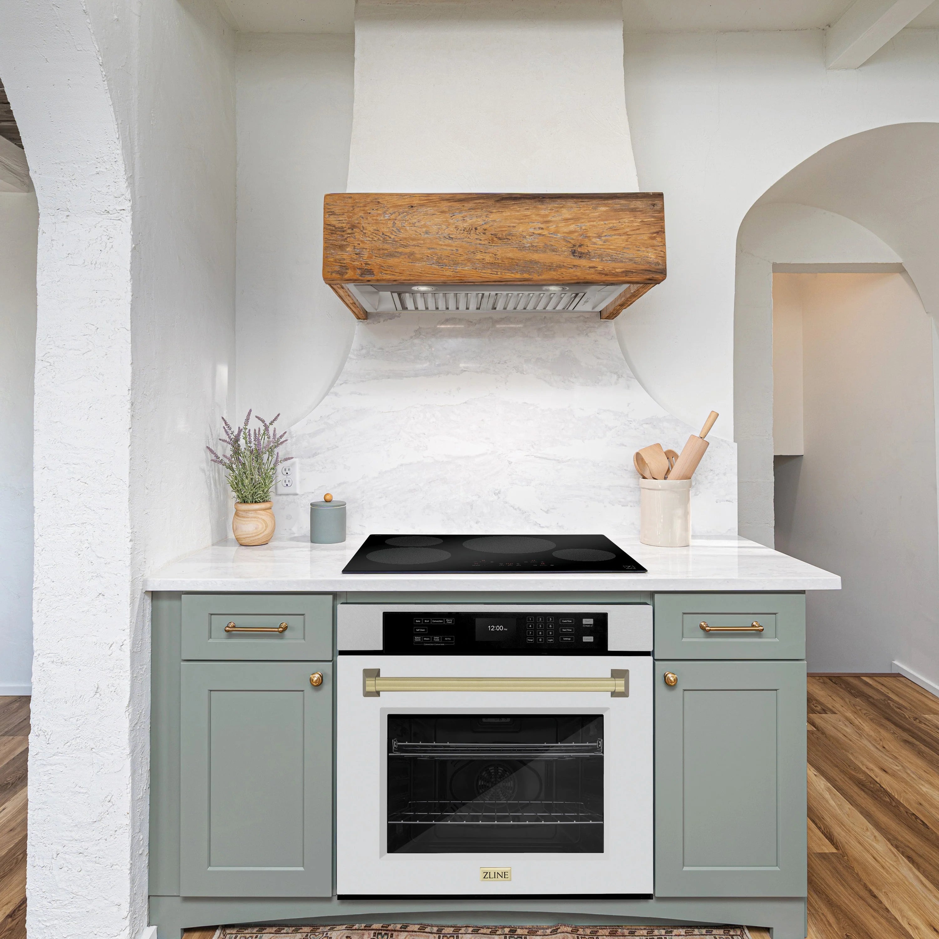 Built-in oven in kitchen with white matte door and champagne bronze handle