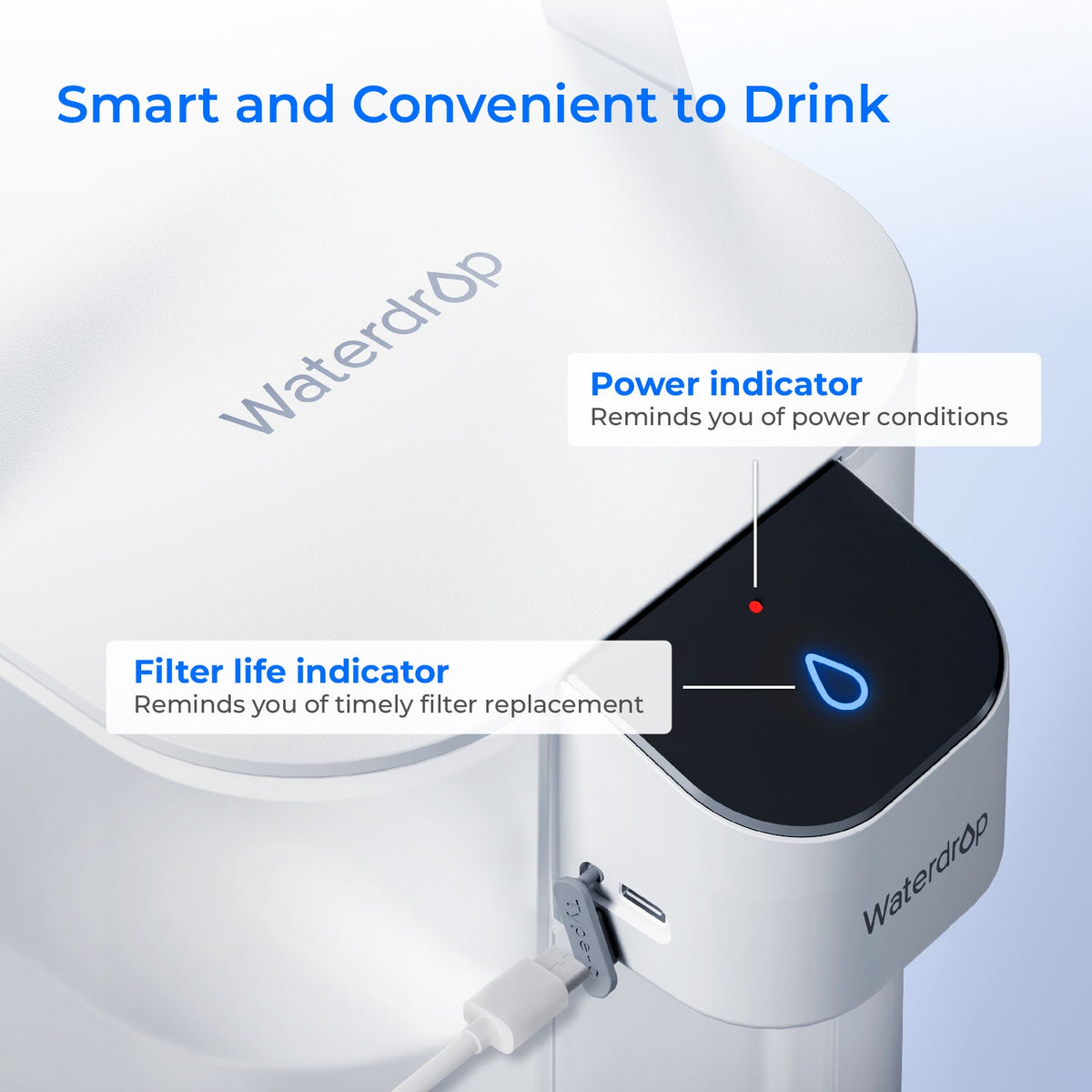 White electric water filter dispenser with blue power indicator and filter life light