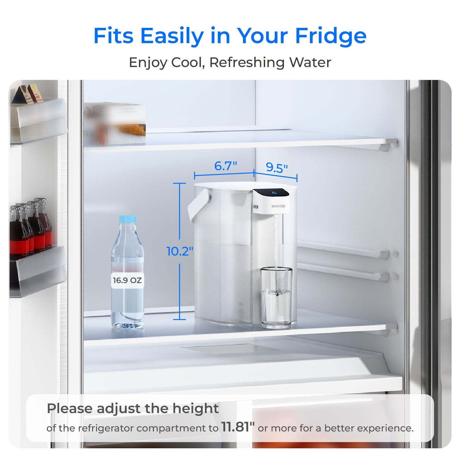 White electric water filter dispenser placed on a refrigerator shelf
