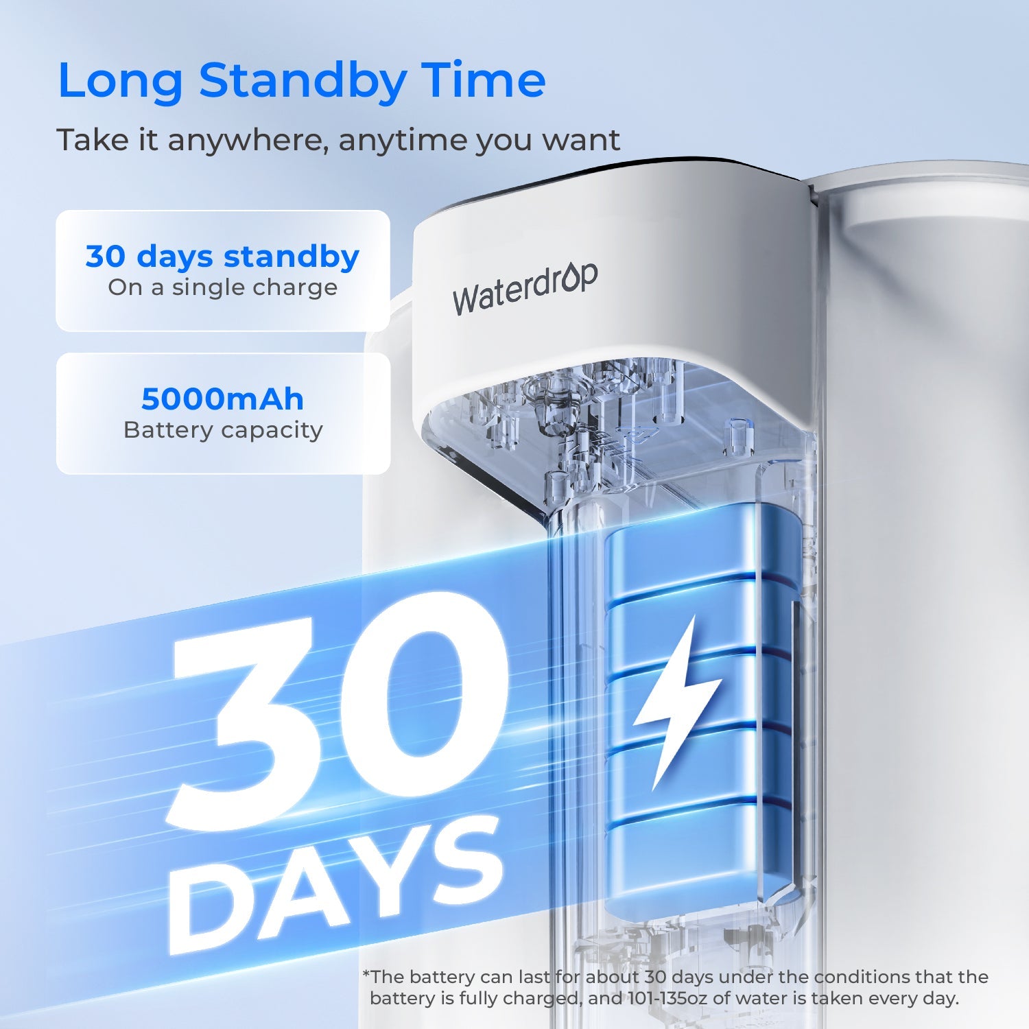 White electric water filter dispenser with internal components and blue standby battery indicator