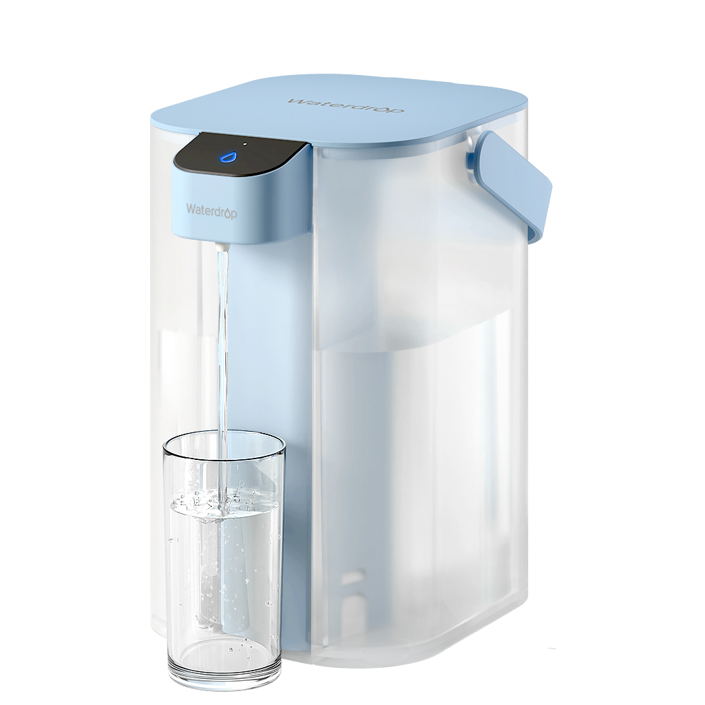 Electric water filter dispenser pitcher, white and light blue, with spout and side lever