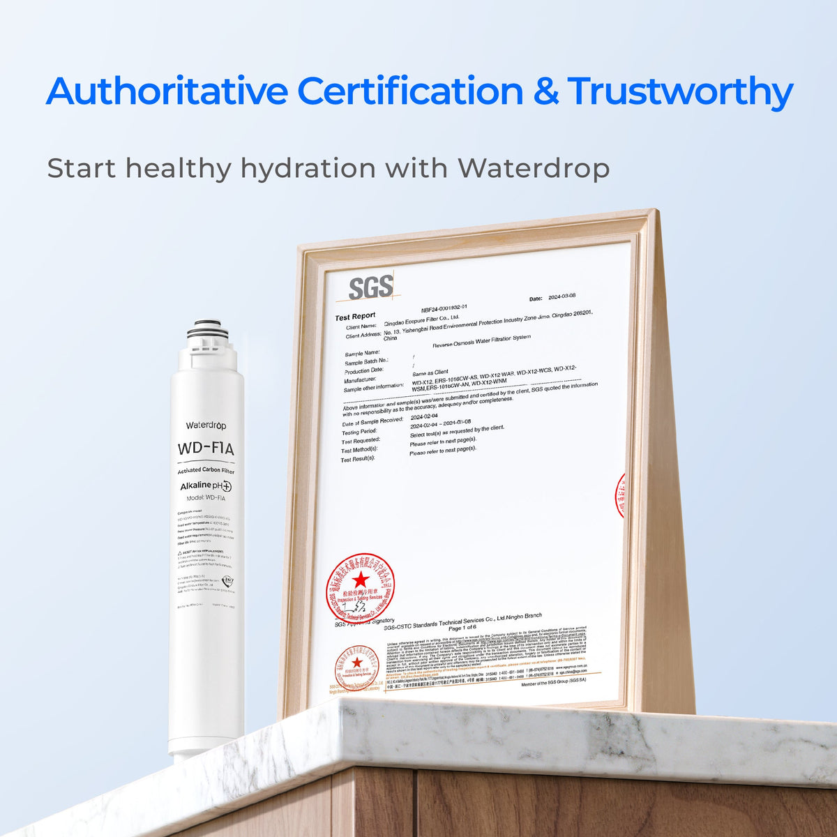 Waterdrop WD-F1A alkaline filter cartridge beside framed certification document