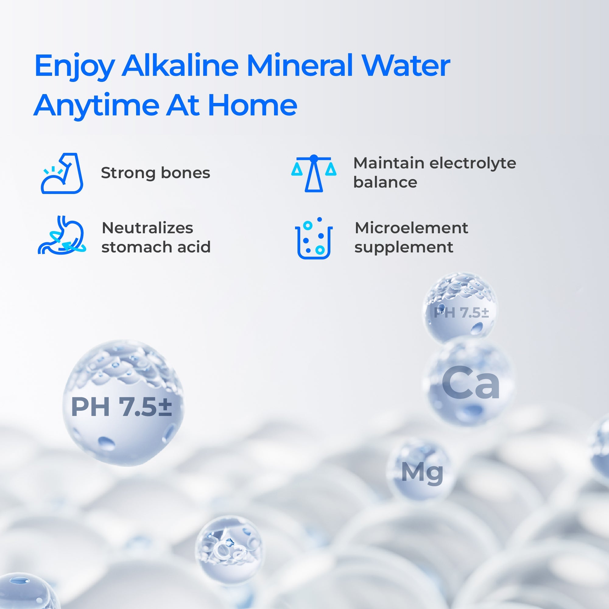 Alkaline mineral water pH 7.5 icon illustration with Ca and Mg droplets