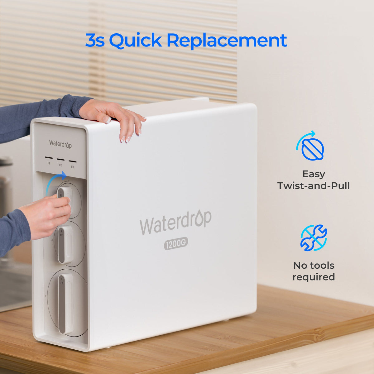 Waterdrop reverse osmosis replacement filter box with easy twist-and-pull icons