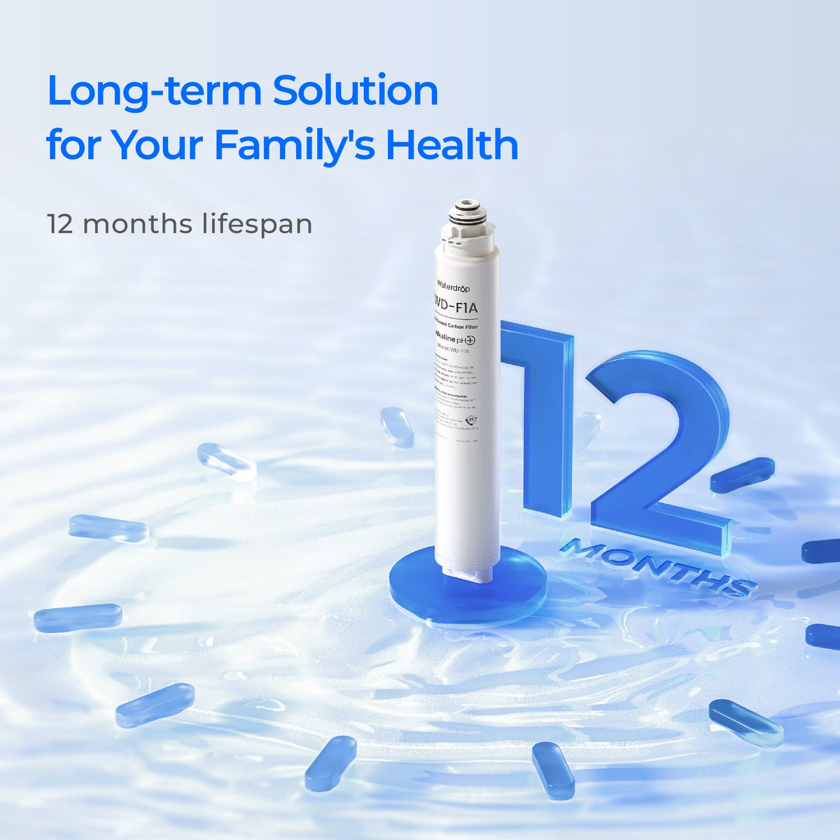 Waterdrop WD-F1A replacement filter cartridge with 12-month lifespan graphic