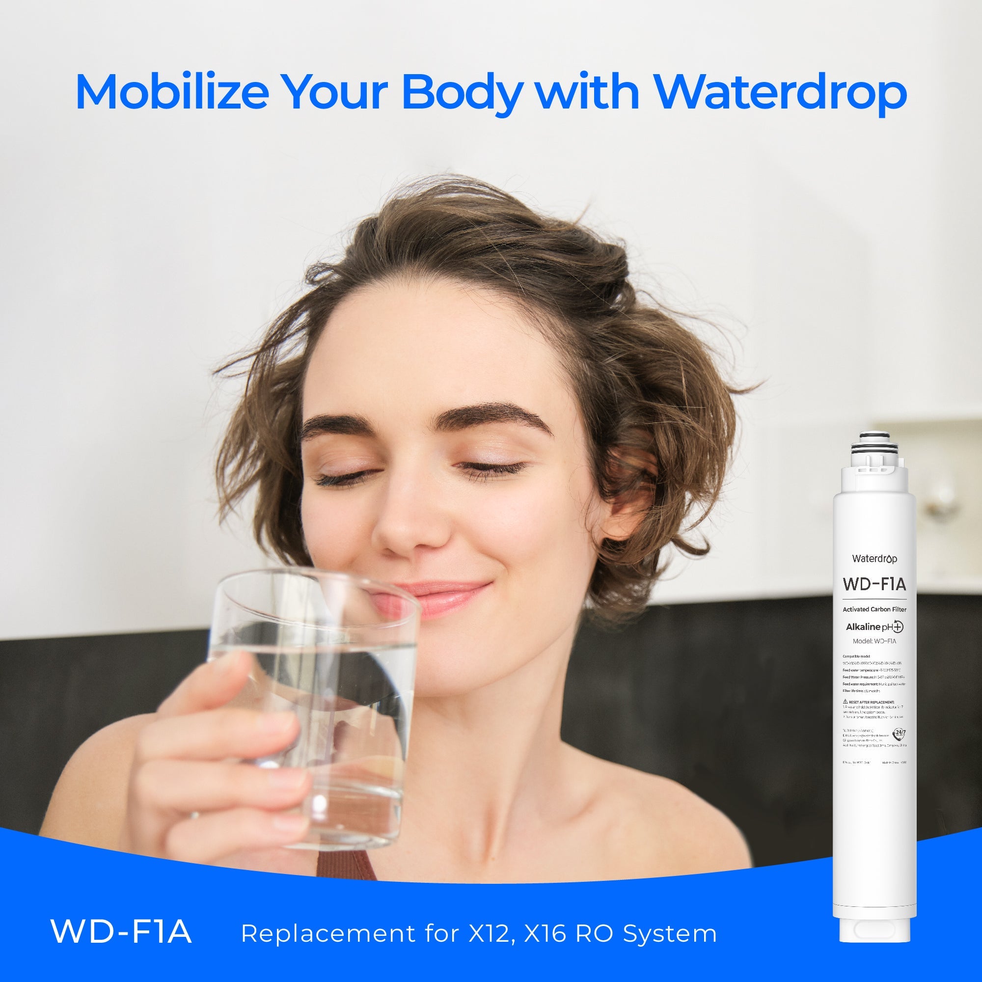 Waterdrop alkaline filter cartridge next to a glass of water, drinking lifestyle photo