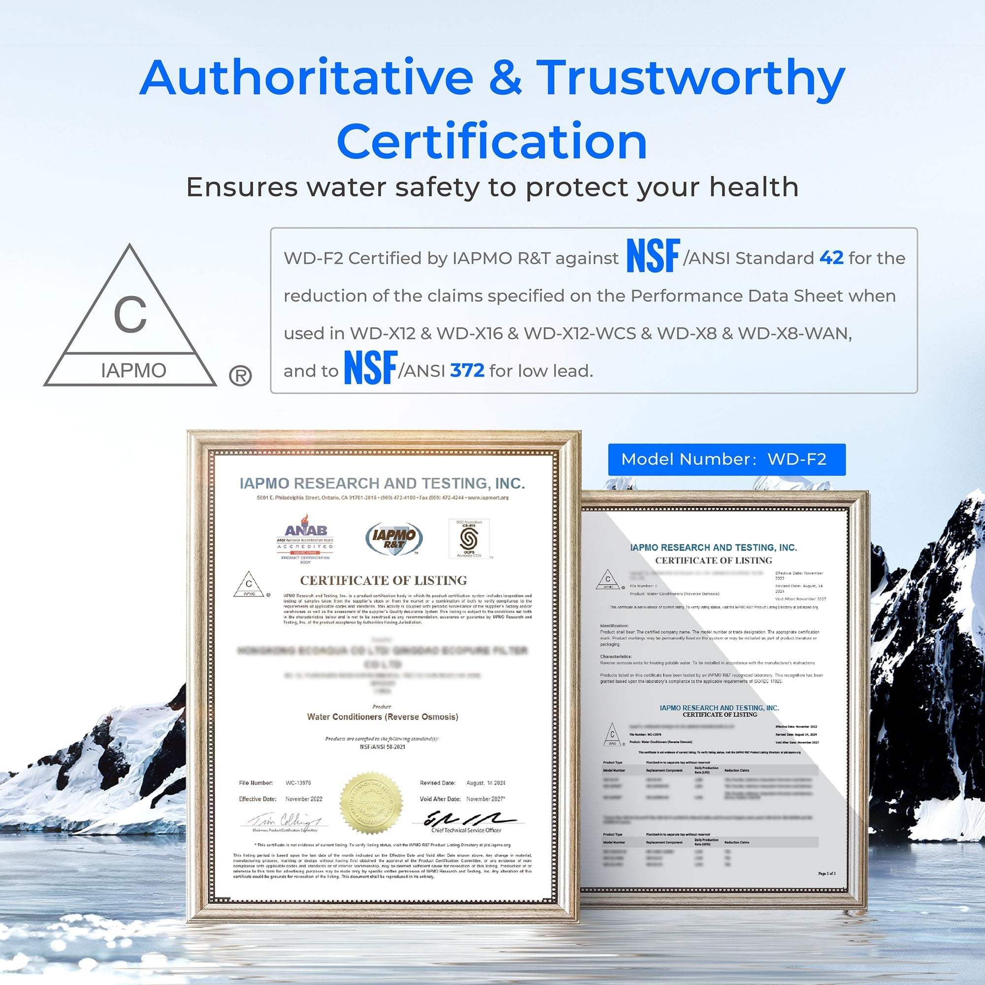 F2 replacement filter cartridge with certification documents labeled model WD-F2