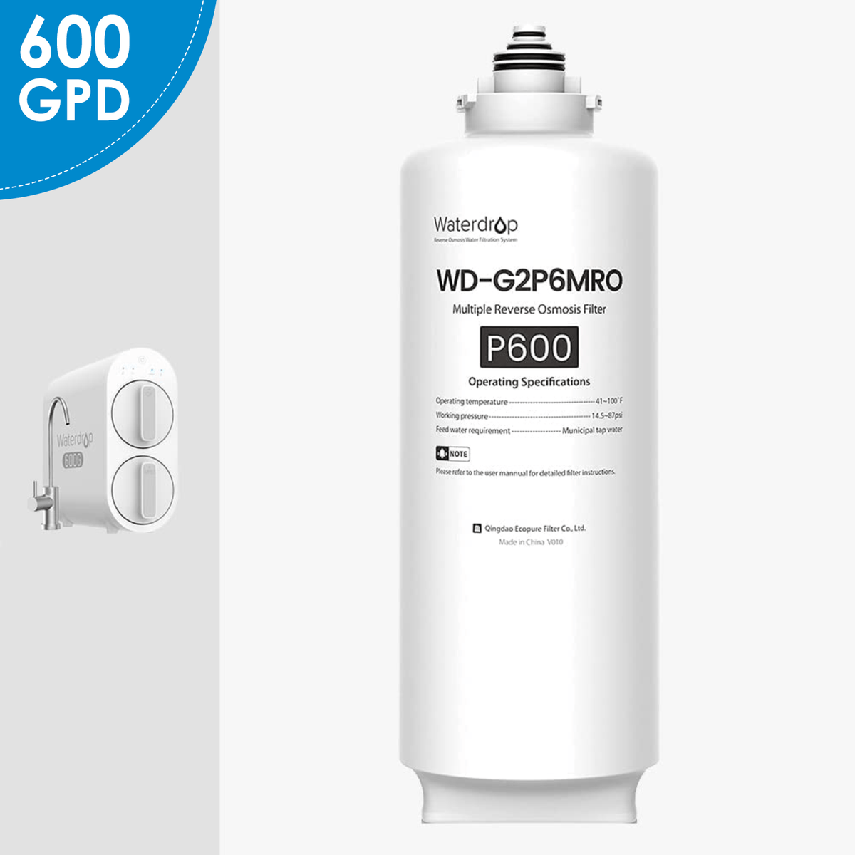 Waterdrop WD-G2P6MRO P600 filter cartridge, full height with top fittings visible