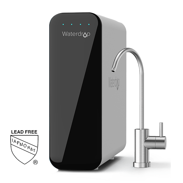 Under-sink water filtration system with matte black control unit and stainless faucet