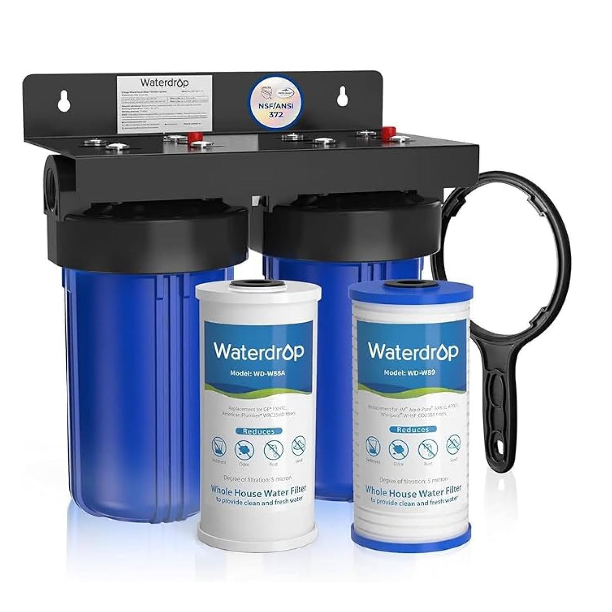 Whole-house water filtration system with two blue canisters, cartridges, and black tubing