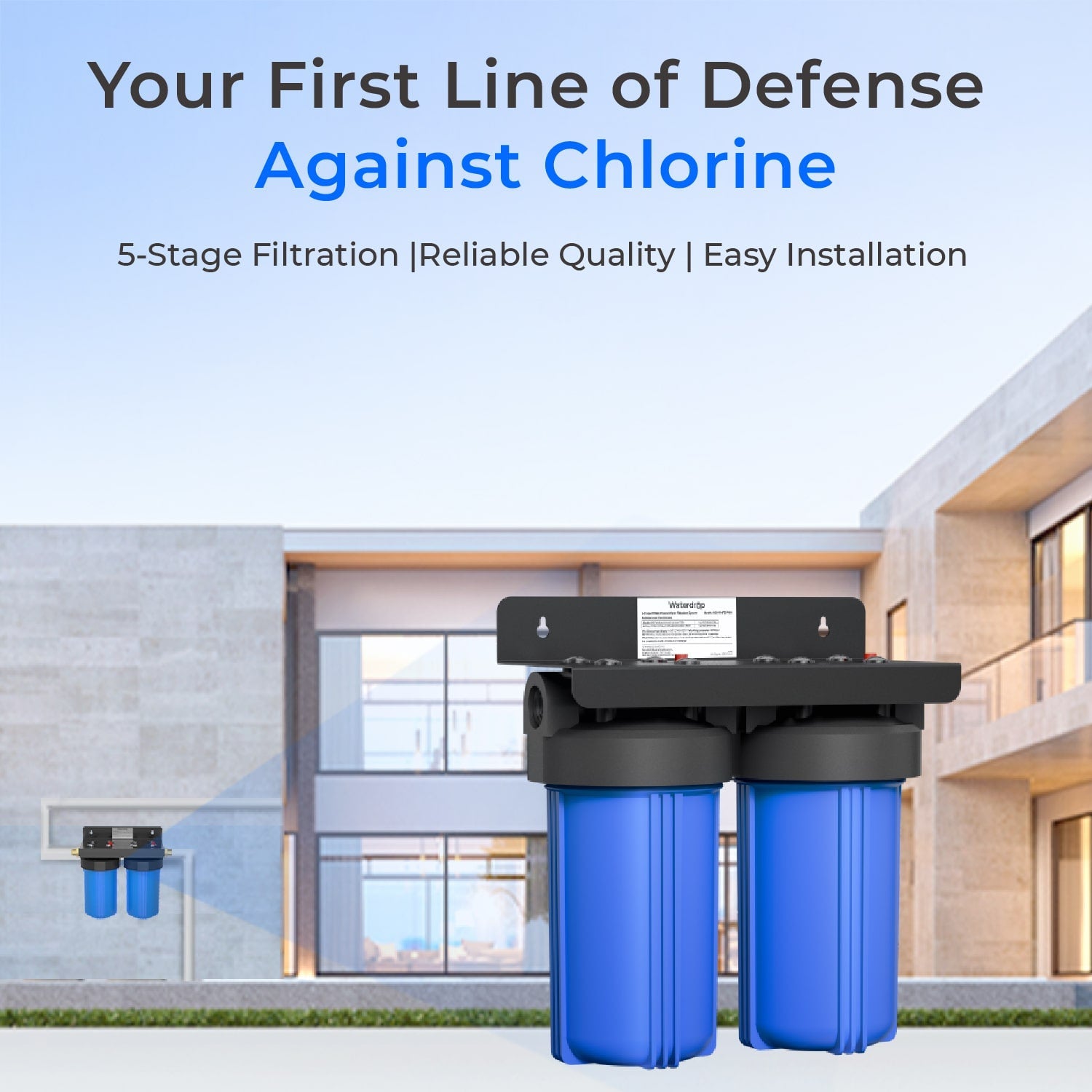 Whole-house water filtration unit with two blue filter housings and black top manifold