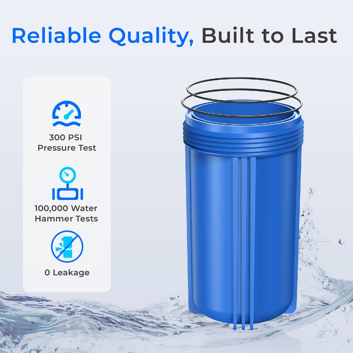 Blue whole-house water filtration canister with open top and protective rim