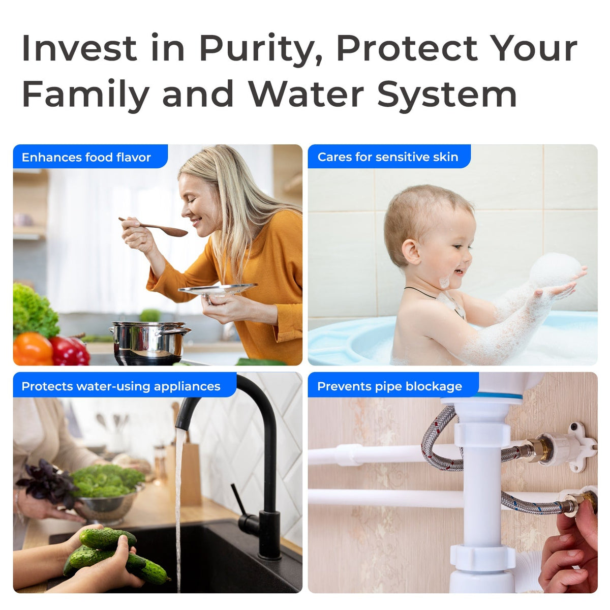 Water filtration protection collage showing family, appliances, and plumbing prevention scenes