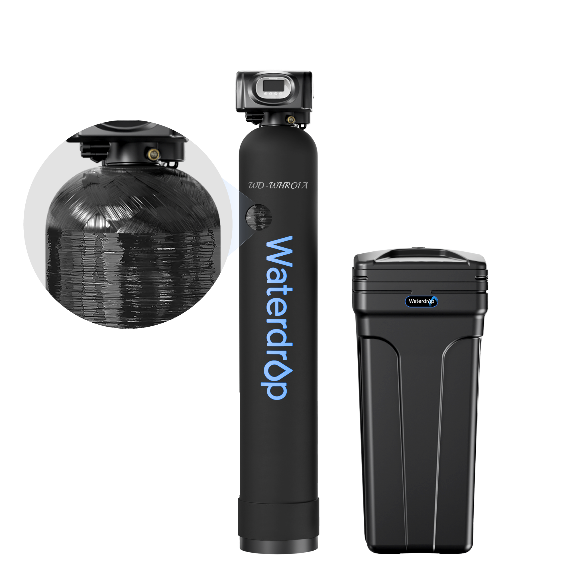 Black whole-house water softener with tall tank, top control head, and compact cabinet
