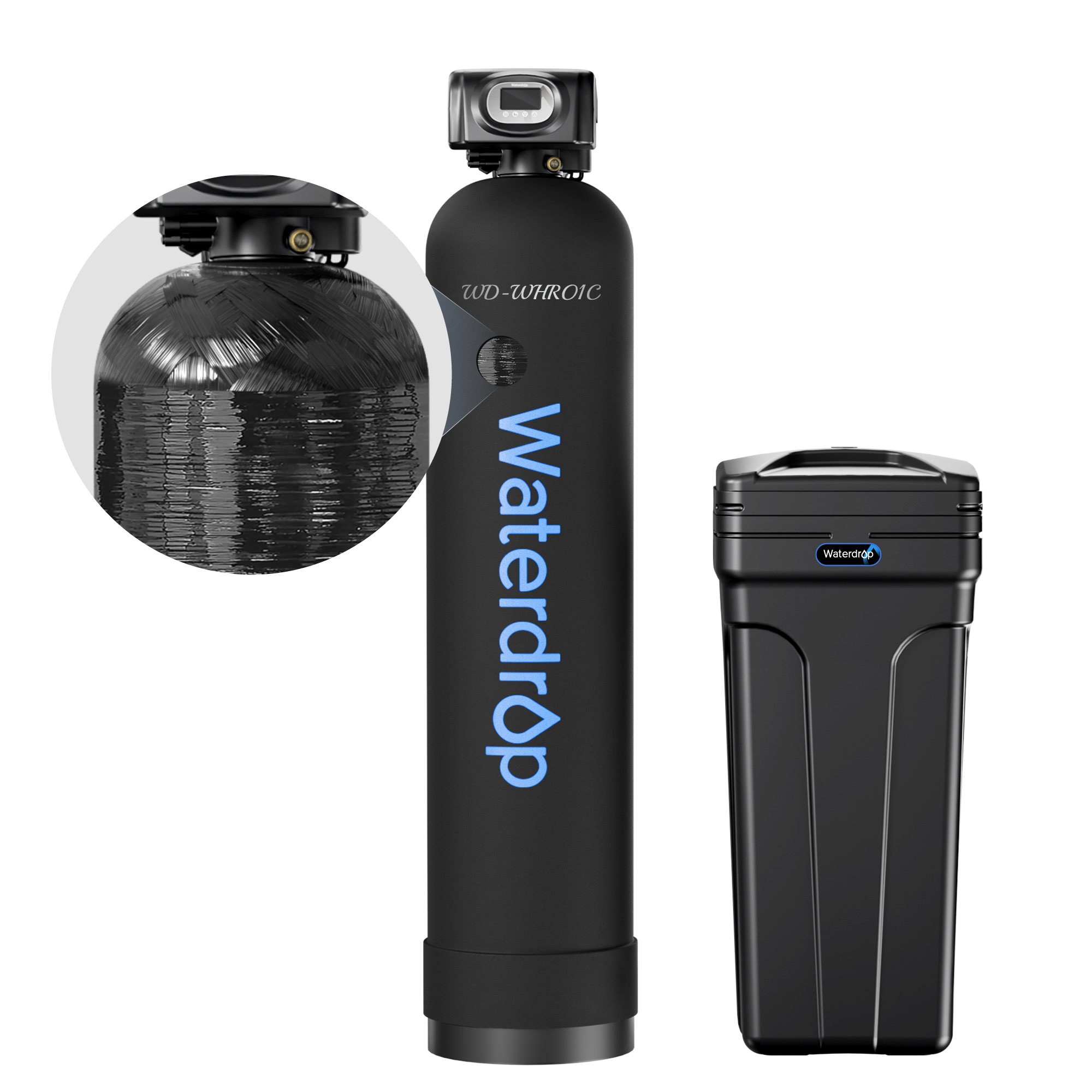 Black whole-house water softener system with tall tank, top control head, and side unit