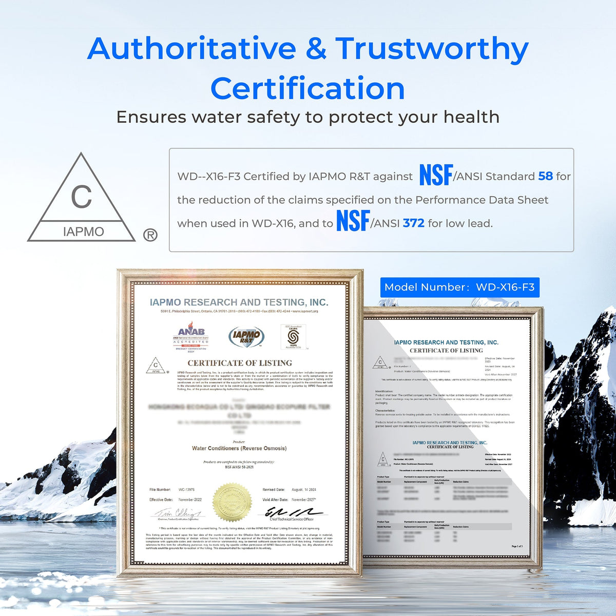 WD-X16-F3 filter certification document display with model number label