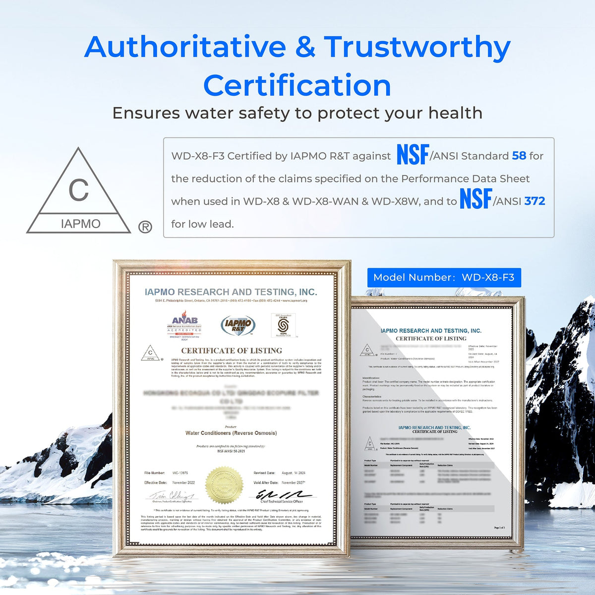 Two certificate documents for reverse osmosis filter model WD-X8-F3