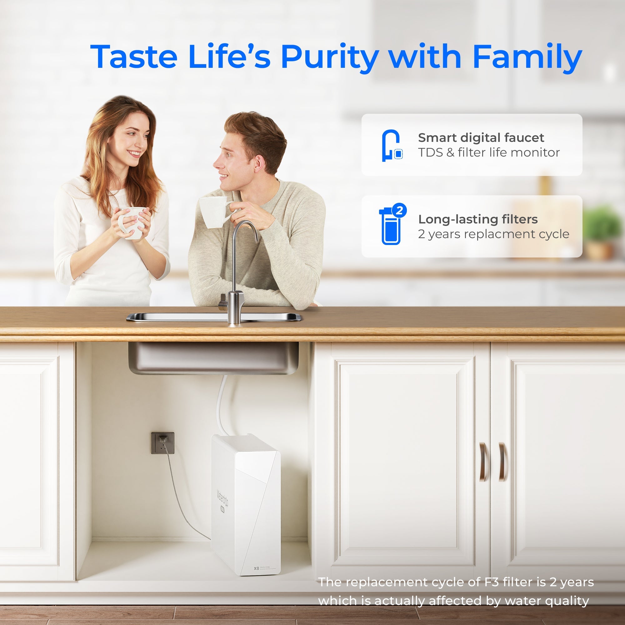 Tankless RO system with smart digital faucet in kitchen under-sink cabinet setting