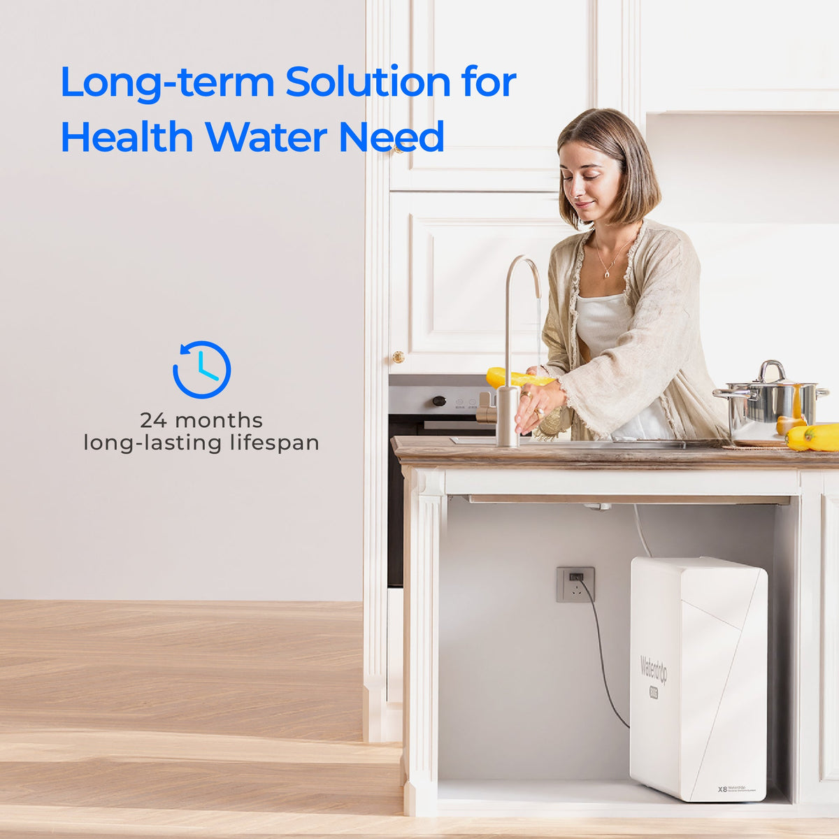 Under-sink reverse osmosis system with white filter unit inside cabinet