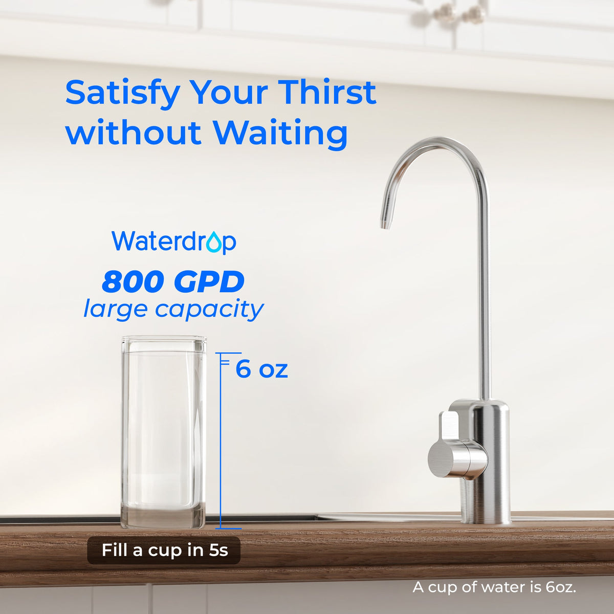 Kitchen faucet pouring water with large-capacity reverse osmosis system graphic