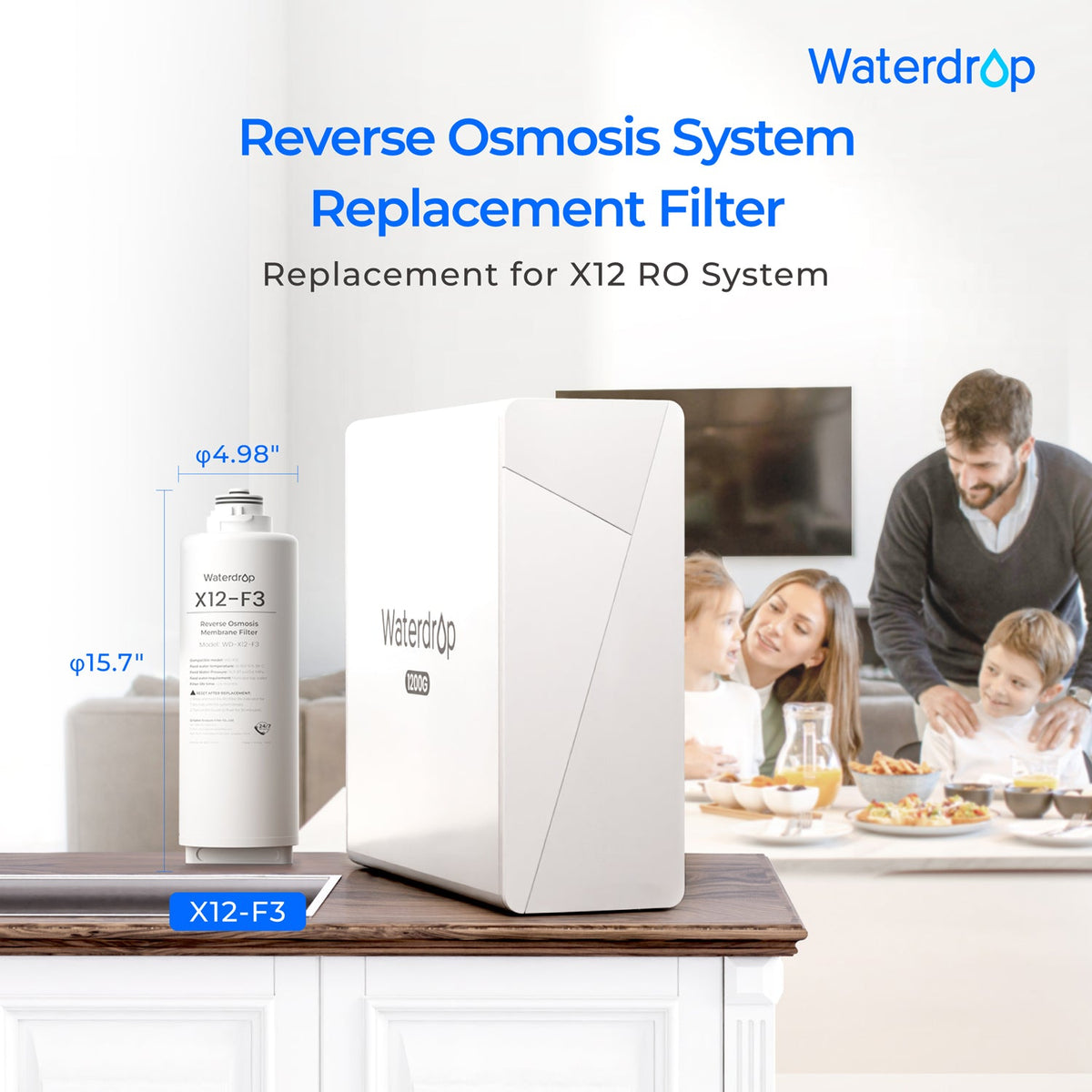 RO replacement filter cartridge, white, labeled X12-F3 for Waterdrop X12 systems