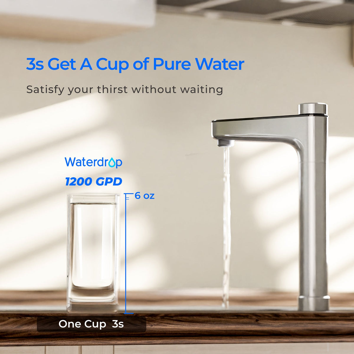 Waterdrop RO 1200 GPD purified water concept with faucet and glass