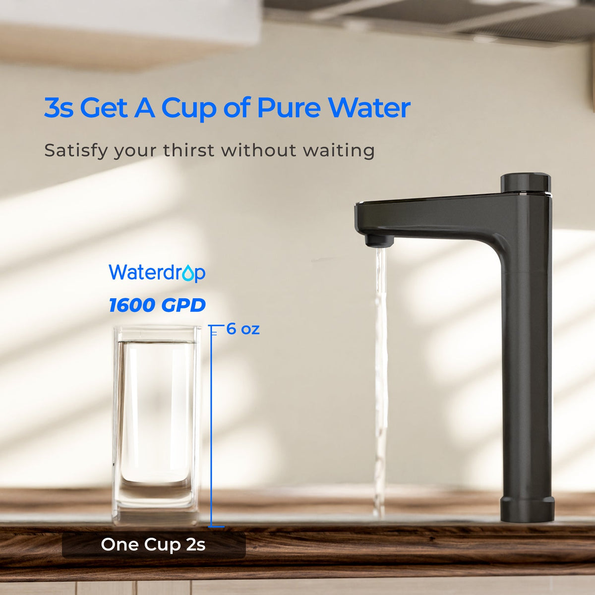 Waterdrop replacement filter next to kitchen faucet pouring water