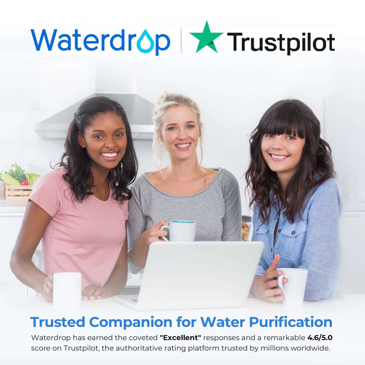Waterdrop Trustpilot rating slide with three people and water purification theme