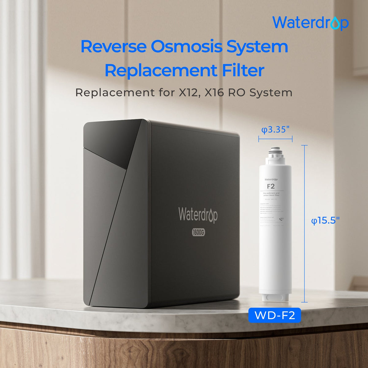 Water purifier unit with a white F2 replacement filter cartridge on a countertop