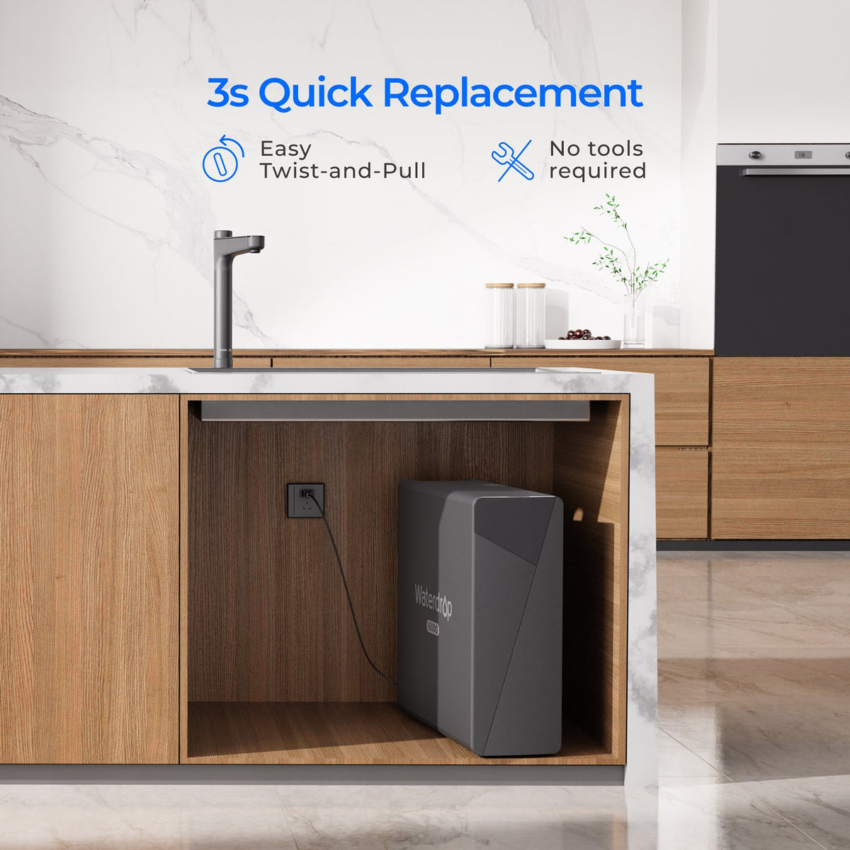 Black under-sink water purifier unit with plumbing line and power connection
