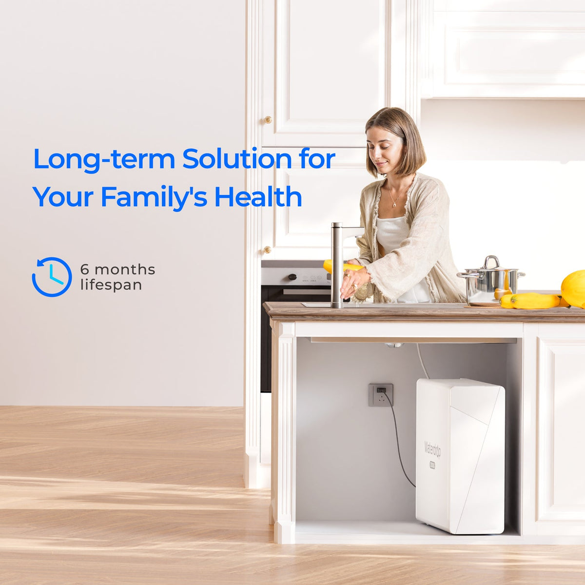 White under-sink water purifier unit under a cabinet with a family sink setup