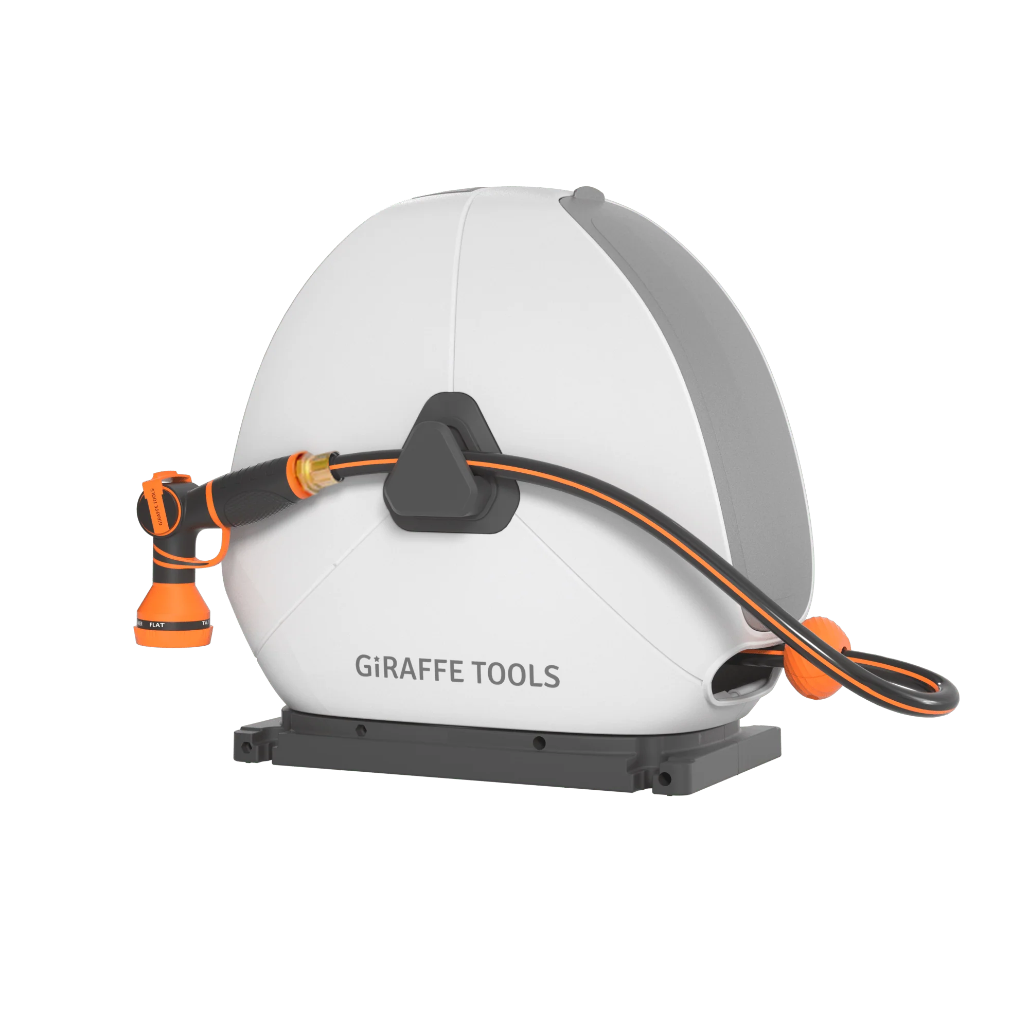 White retractable hose reel with orange hose connectors and black hose loop on stand