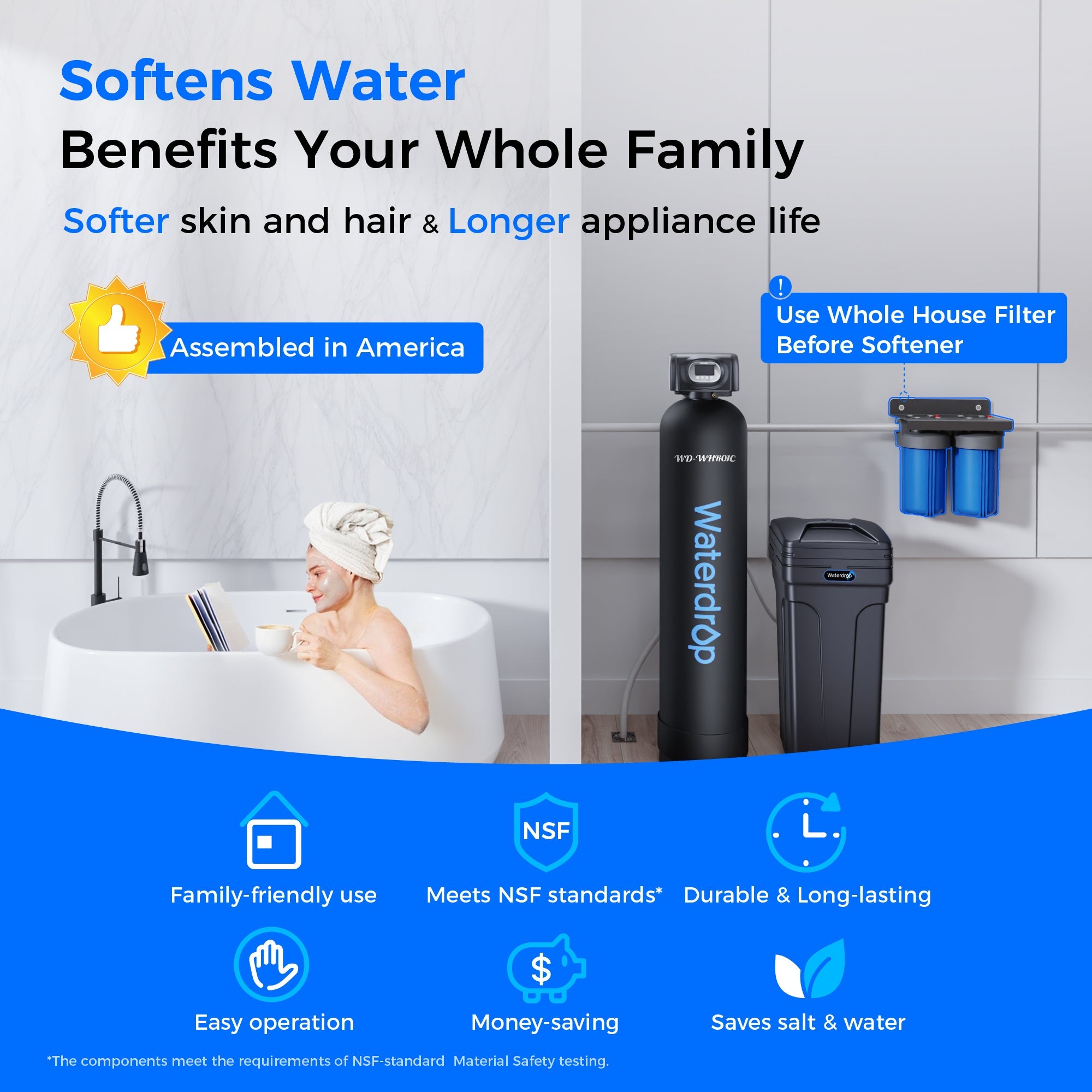 Black water softener system setup with tall tank and controller beside filter housing