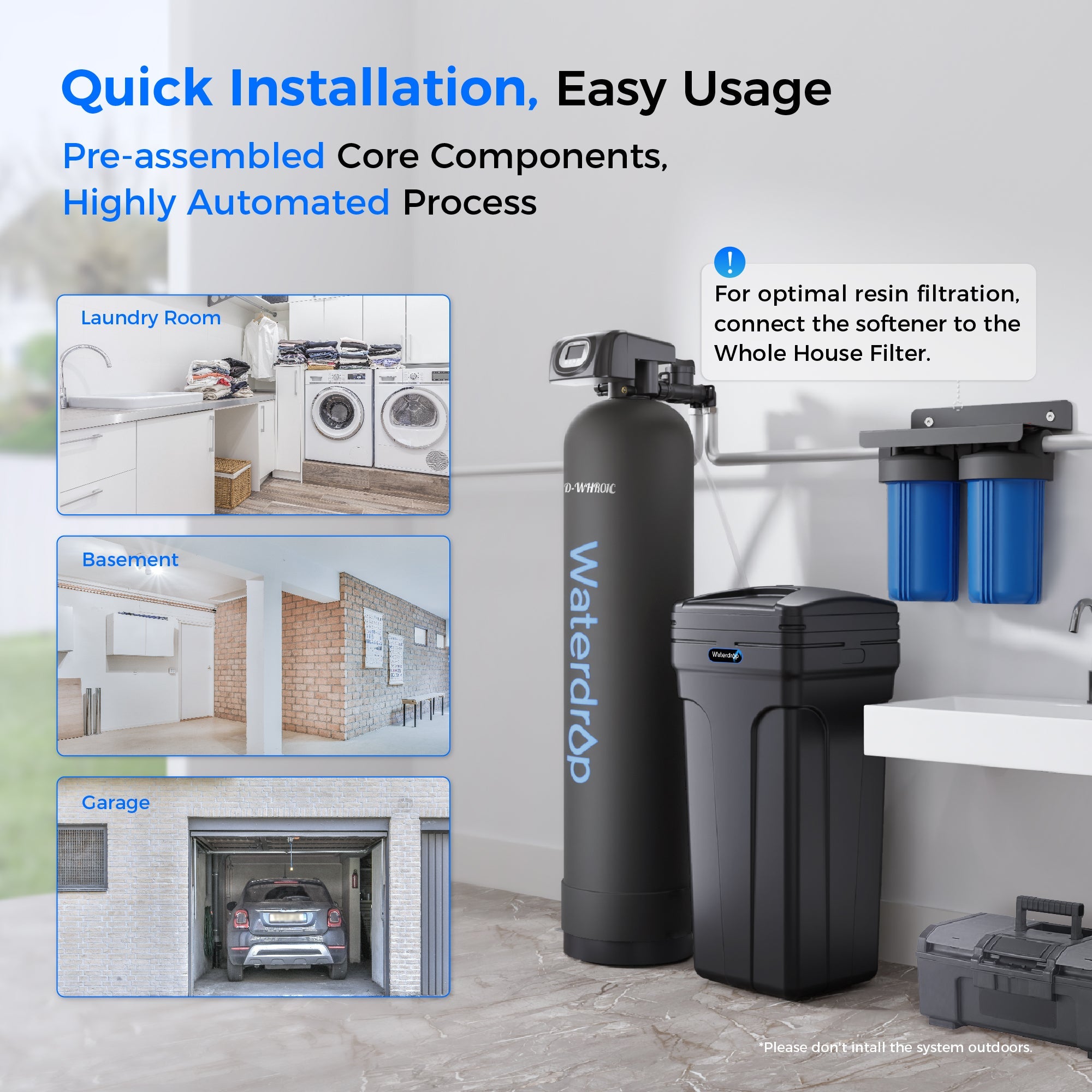 Water softener system infographic with tall tank and blue filter module beside unit