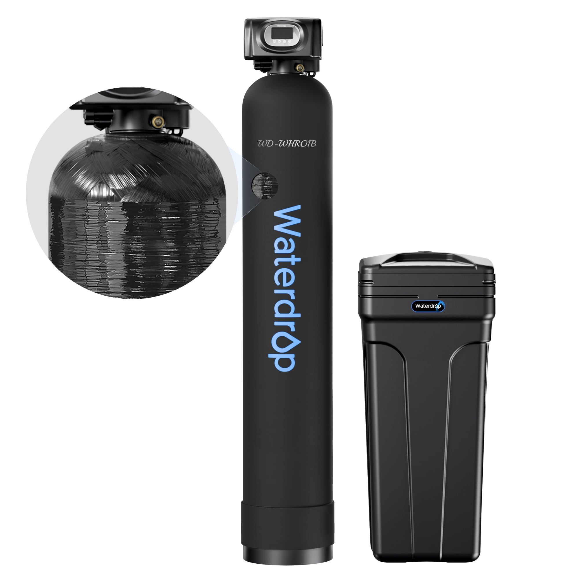 Waterdrop water softener system, black brine tank and compact cartridge tank, resin inset