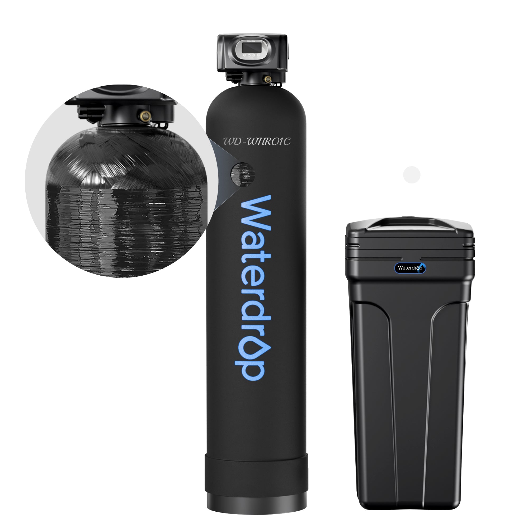Waterdrop water softener system with black brine tank and control head plus cartridge tank