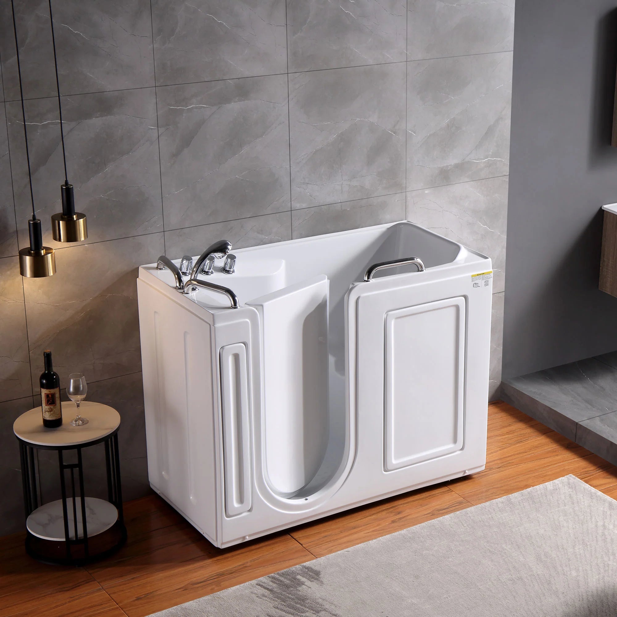 Walk-in soaking bathtub in white with chrome faucet and open side door