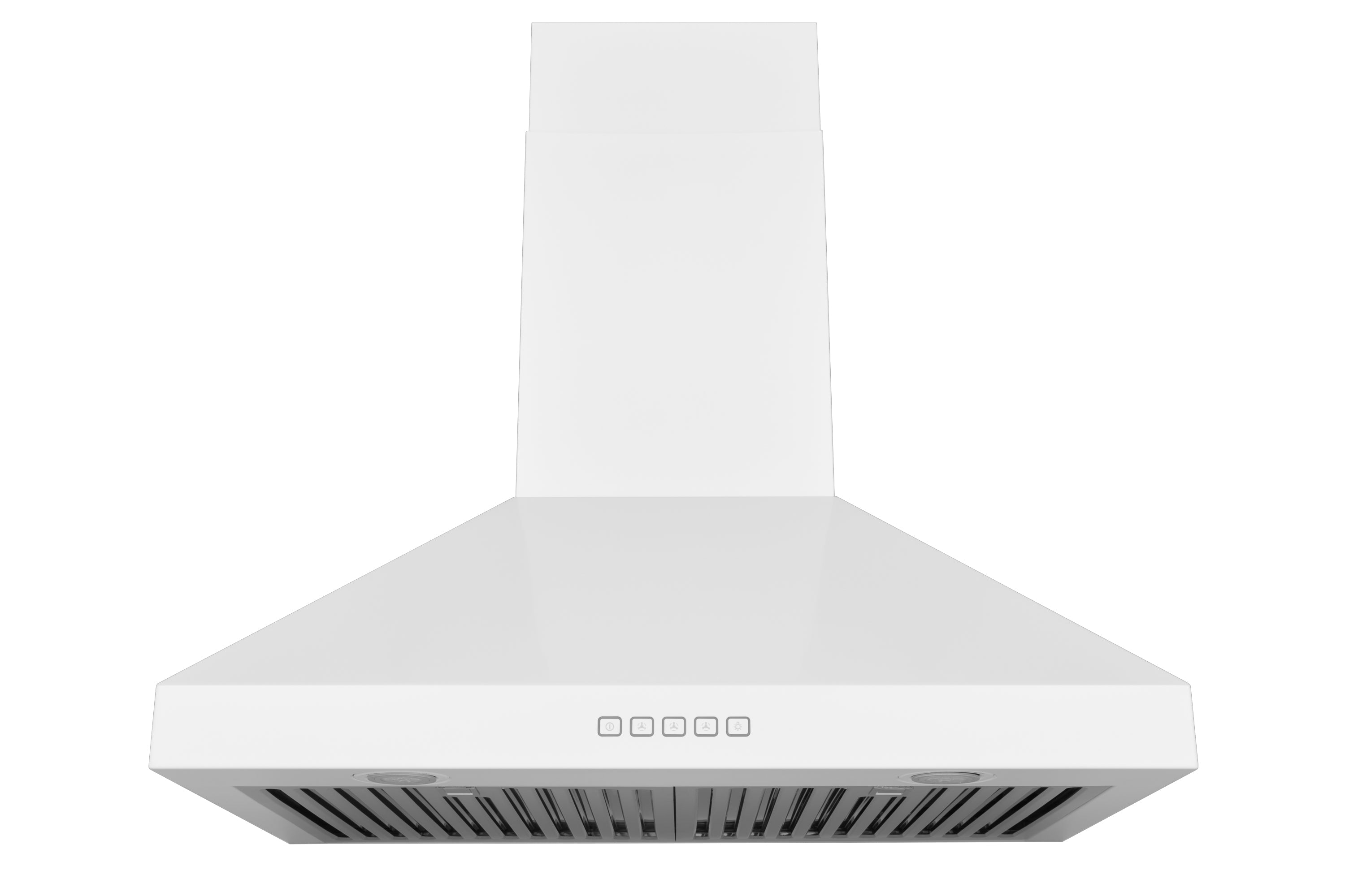 White convertible wall mount range hood, angled front view with vent grille