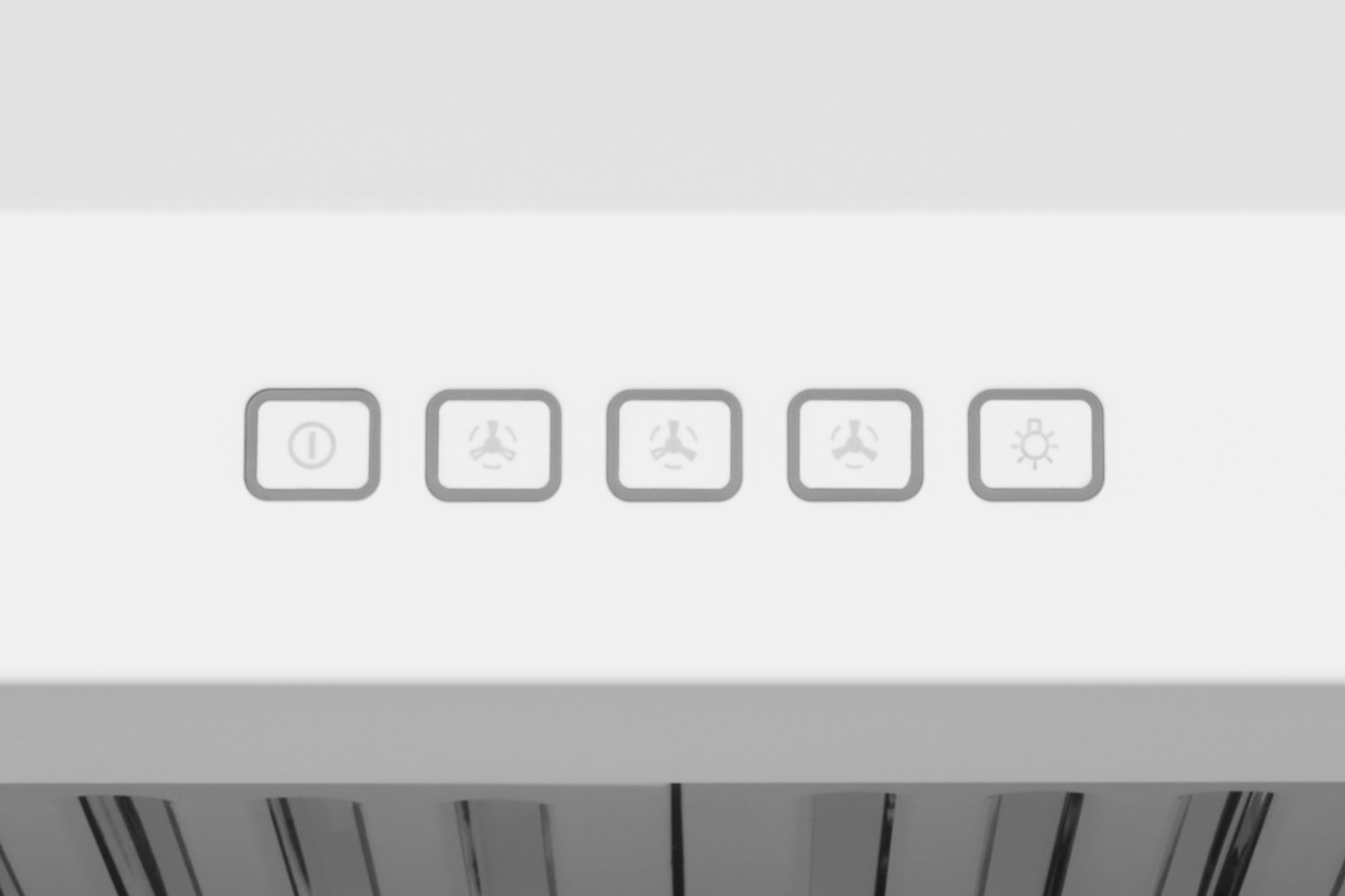 White range hood control panel with five button icons