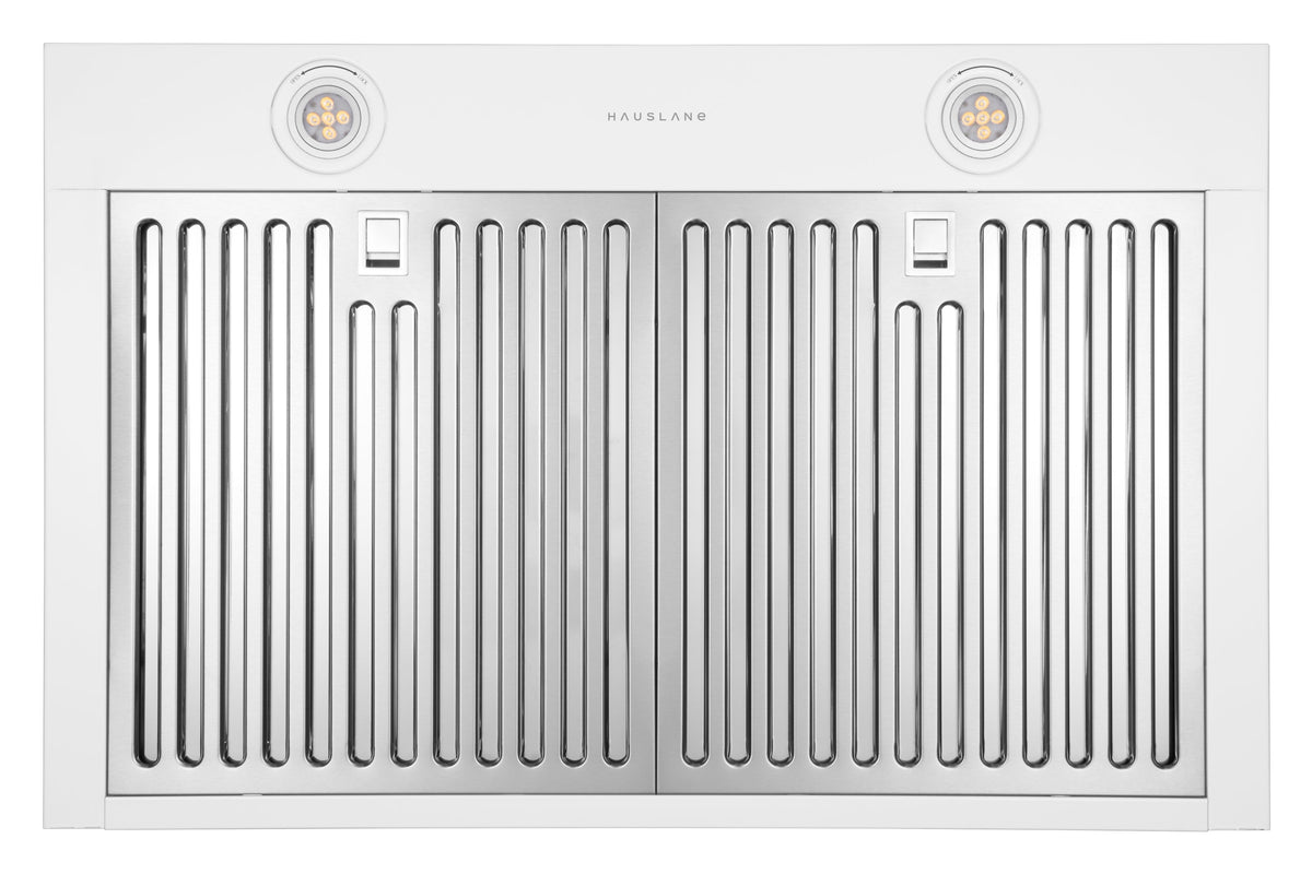 Wall-mount range hood, white vent panel with two LED light spots