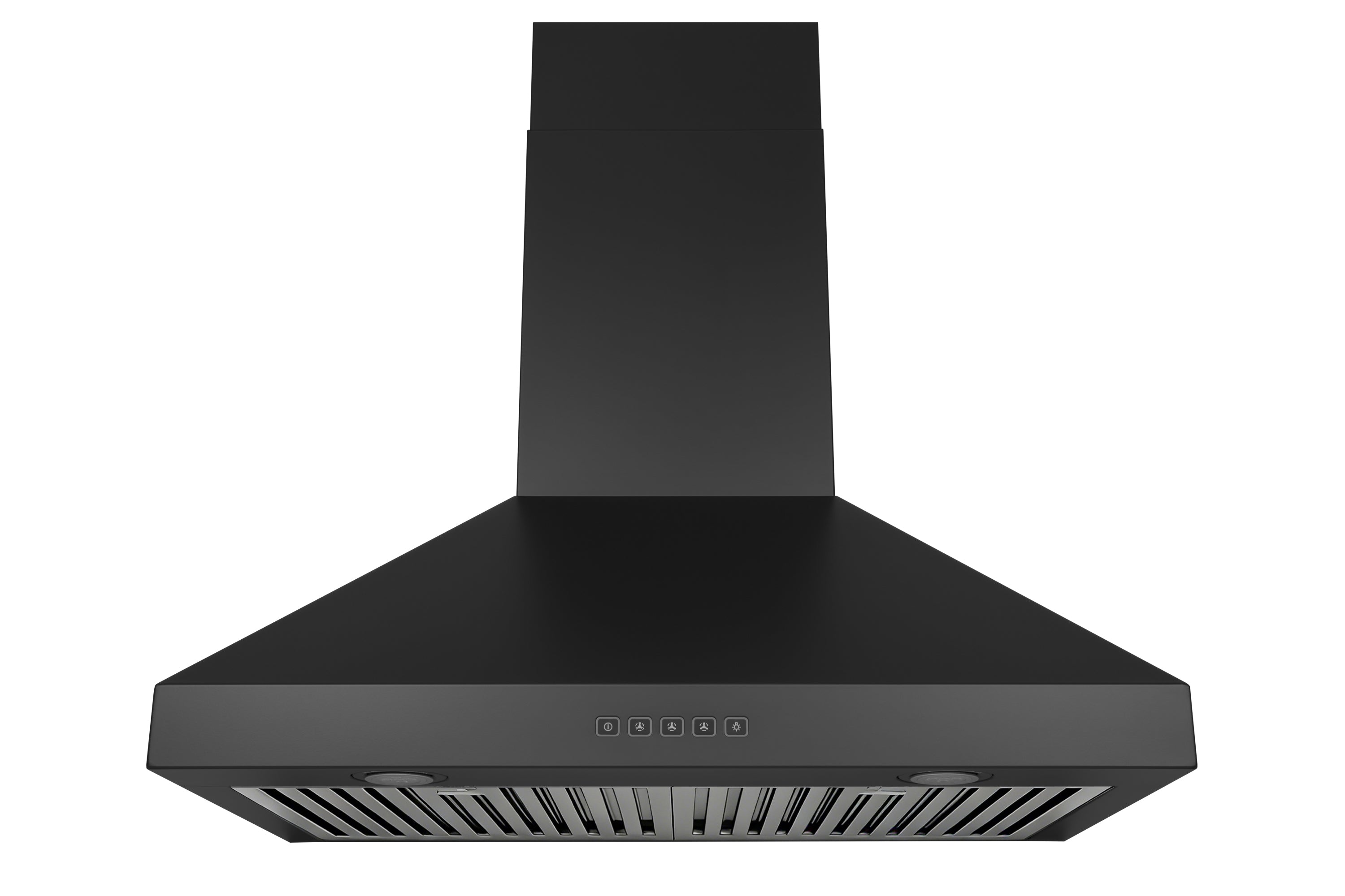 Matte black convertible wall mount range hood with chimney flue and vented lower grille.